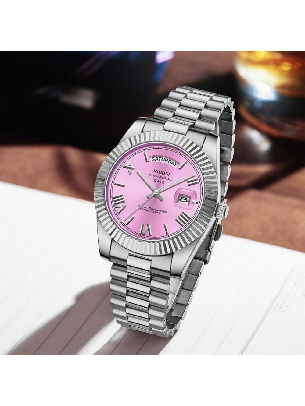 Nibosi Men's Silver Pink Analog Quartz Stainless Waterproof Desiger Wrist Watch - Picture 4 of 6